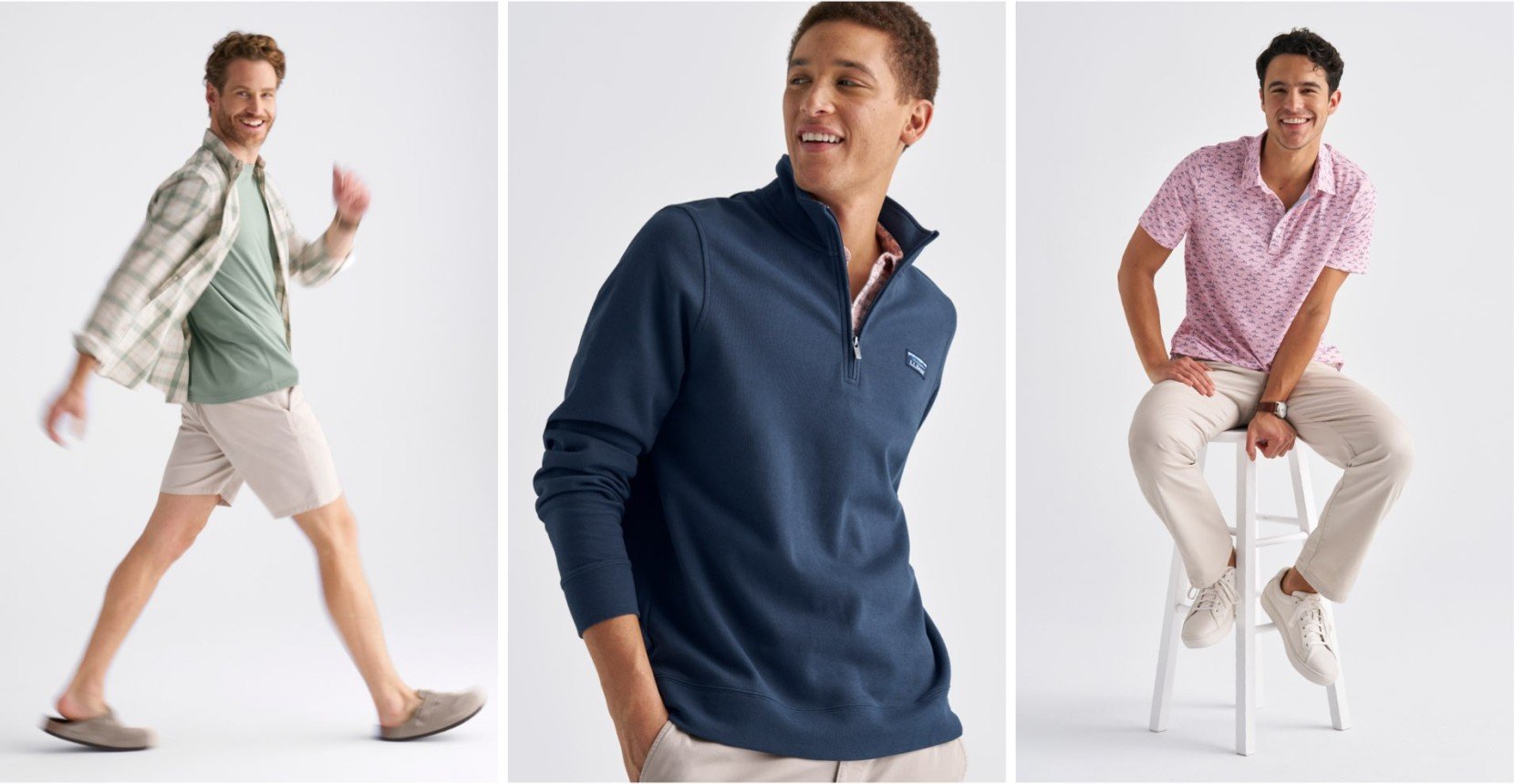 3 images of models wearing a collection of Comfort Stretch clothes.