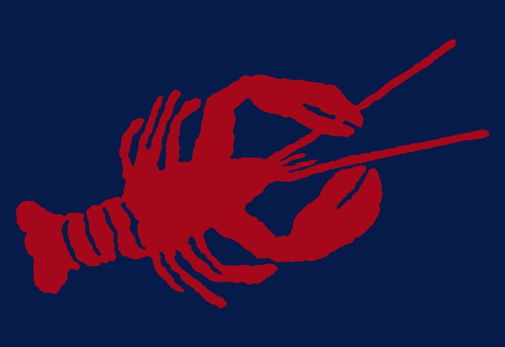 Stylized red lobster silhouette on a dark blue background, with one claw raised and long antennae extending forward.