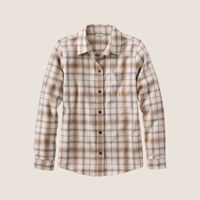 Plaid button-up shirt in beige and white tones with long sleeves and a chest pocket.