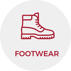 Red line illustration of a boot and the word "footwear."