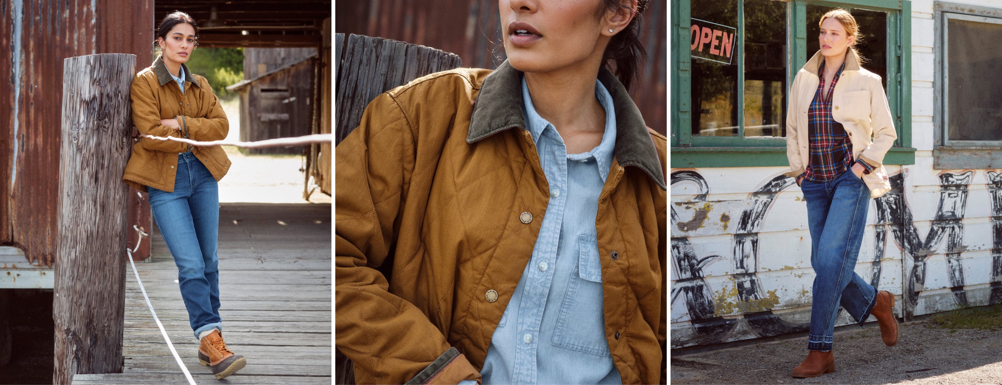 Lifestyle portraits featuring people wearing canvas jackets standing outside a rustic building.