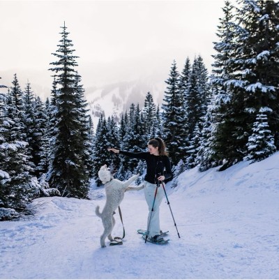 A woman outside on snowshoes, arm outstretched above a dog standing on hind legs.