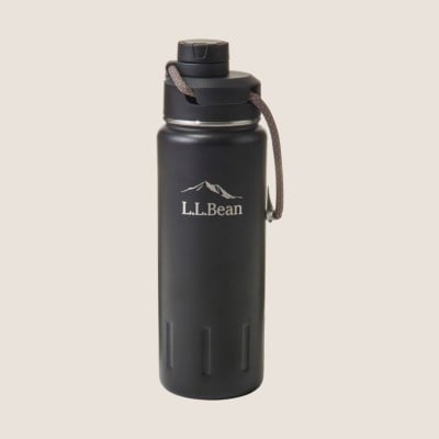 Black insulated water bottle with L L Bean mountain logo.
