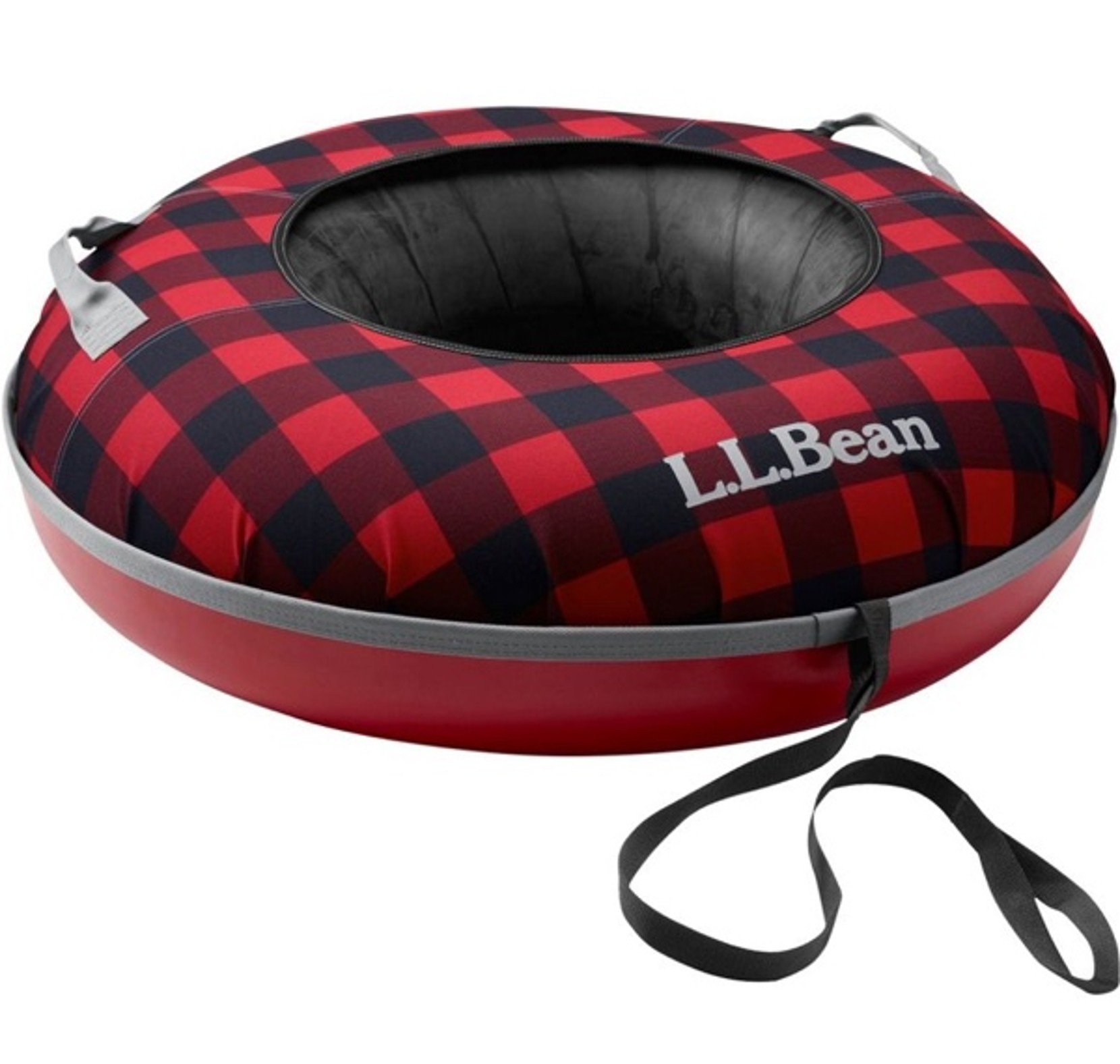 Red and black plaid snow tube with handles, pull strap, and L L Bean branding.