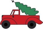 illustration of a red pickup truck with Christmas tree in the bed