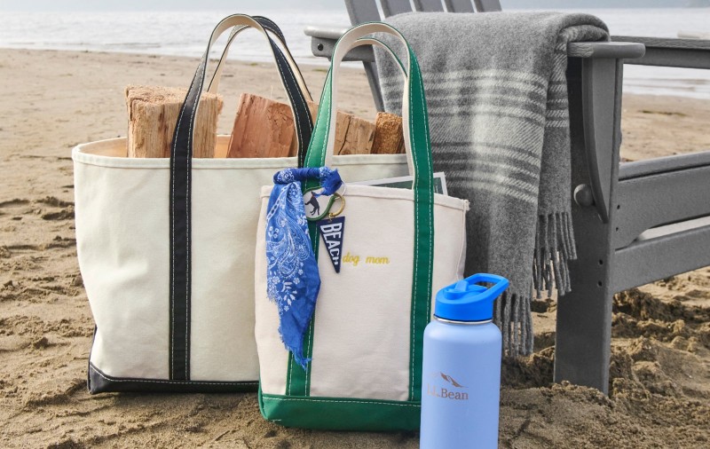 Canvas tote bags with firewood beside a beach chair, blanket, and water bottle on a sandy beach.