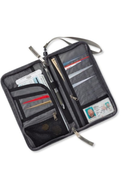 An travel organizer lies open displaying various compartments with cards, a pen, and some papers neatly organized. 