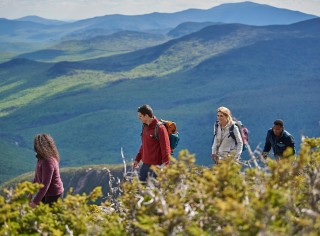 Four friends hiking along a mountain ridge.