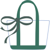 Blue outline icon of a tote bag with a ribbon bow tied on the handle.