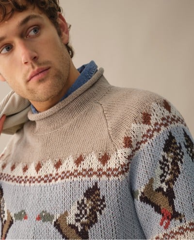 Close-up of man wearing Signature Organic Cotton Sweater.