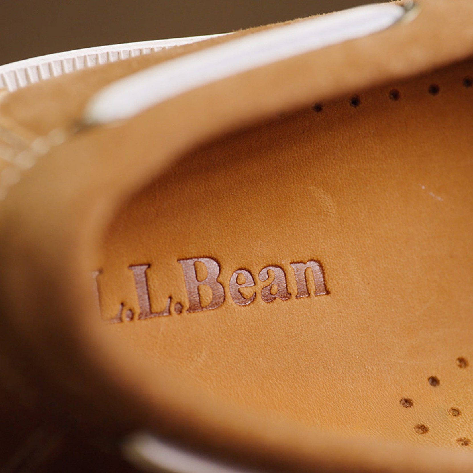 Close-up of tan leather shoe interior showing the embossed L L Bean logo.