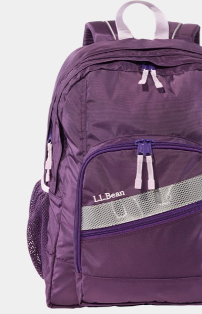 Close-up of a purple school backpack.