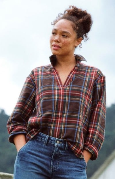 Person wearing a plaid shirt and jeans standing outdoors with hands in pockets.