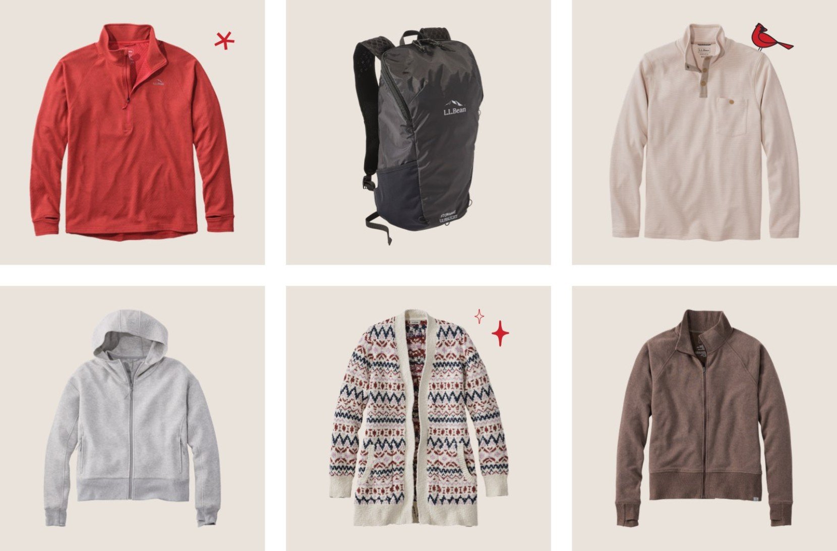 Clothing items and a black backpack arranged in two rows, including pullovers, hoodie, and patterned cardigan.