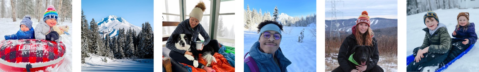 5 images of people enjoying the winter outdoors and 1 image of scenic snow covered mountain.