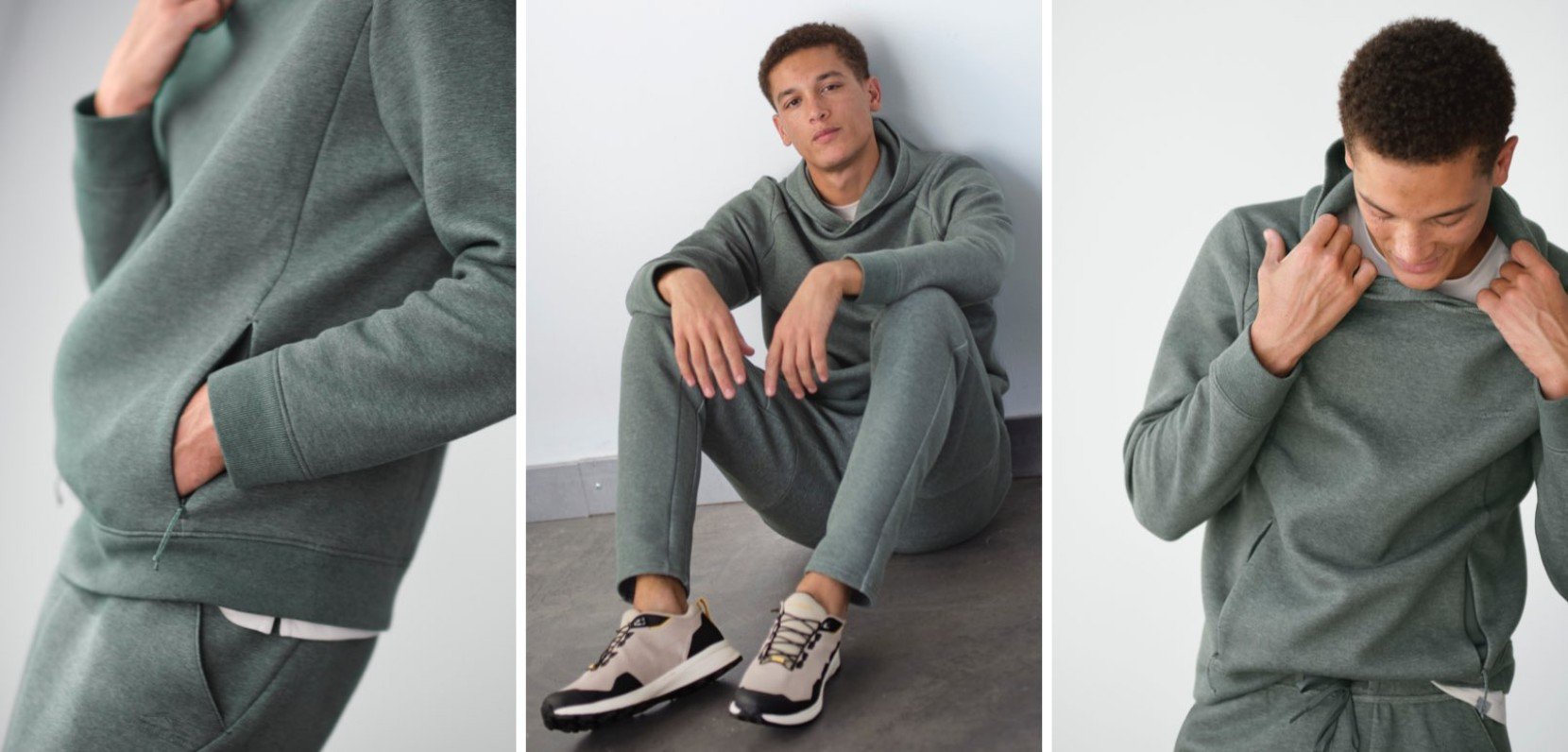 3 images of a man wearing a collection of Venture Travel clothes.