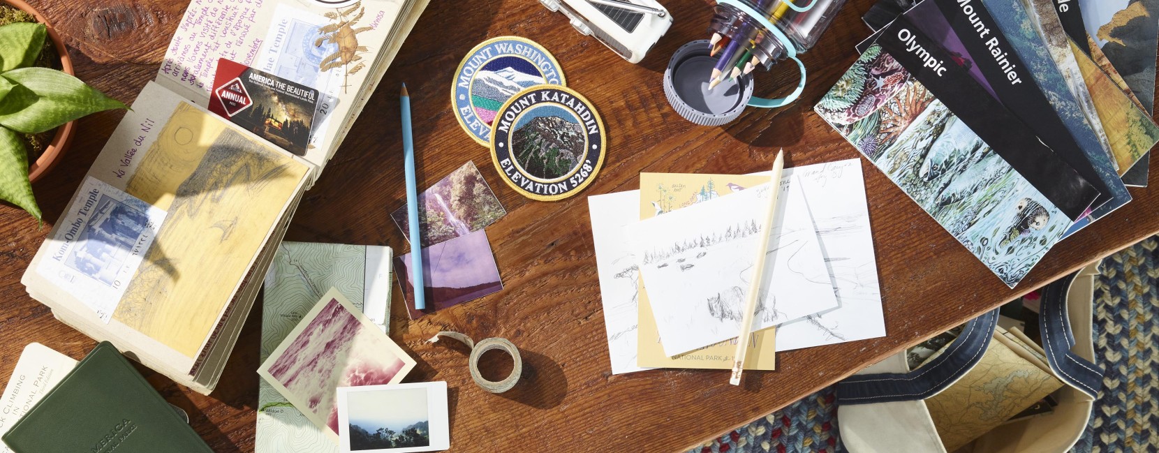 Work table with momentos from multiple National Park trips.