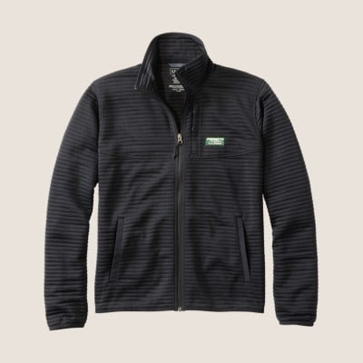 Black zip-up fleece jacket with subtle horizontal stripes.