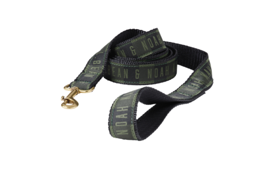 A plaid dog leash with the text "L. L. Bean & Noah Kahan" printed on it.