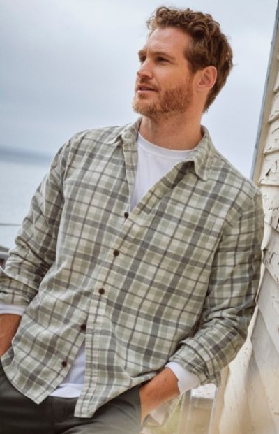 Person wearing a light plaid button-down shirt, leaning casually outside a building.