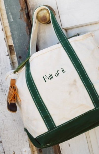 White canvas boat and tote bag with green trim and monogram hanging on a weathered door.