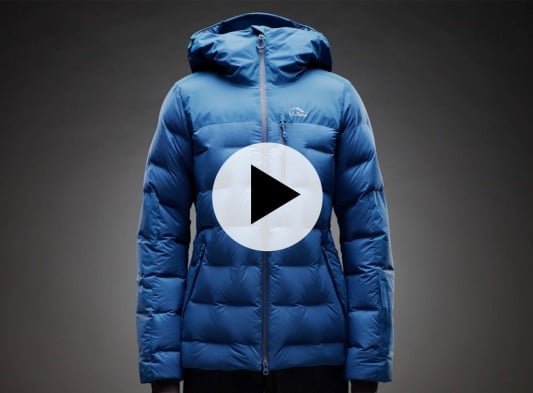 A Wind Challenger Stretch Down Jacket with a Play Video button in the center.