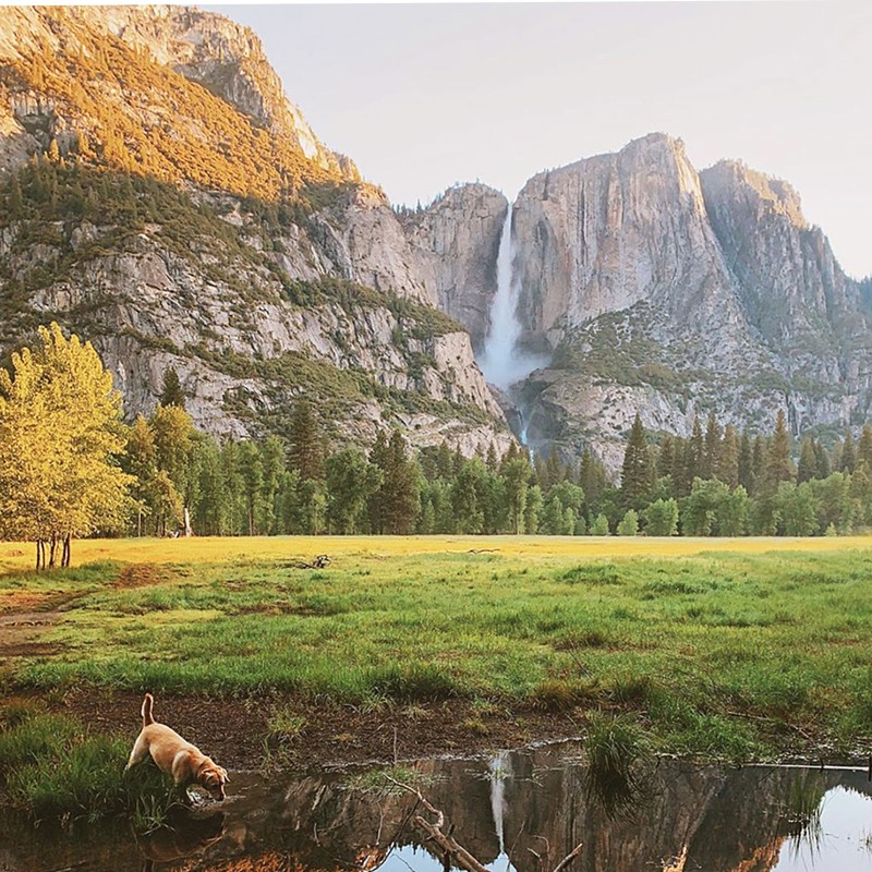 Beautiful national park mountain scene with waterfall.