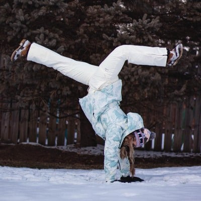 2 golden retrievers standing outside in a snow storm.