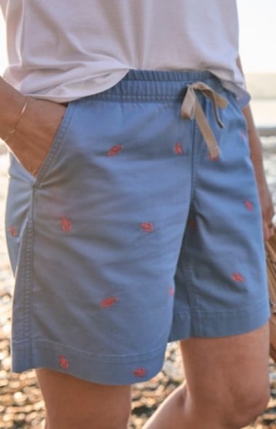Cropped image of light blue drawstring shorts with small red patterns, paired with a casual light-colored top.