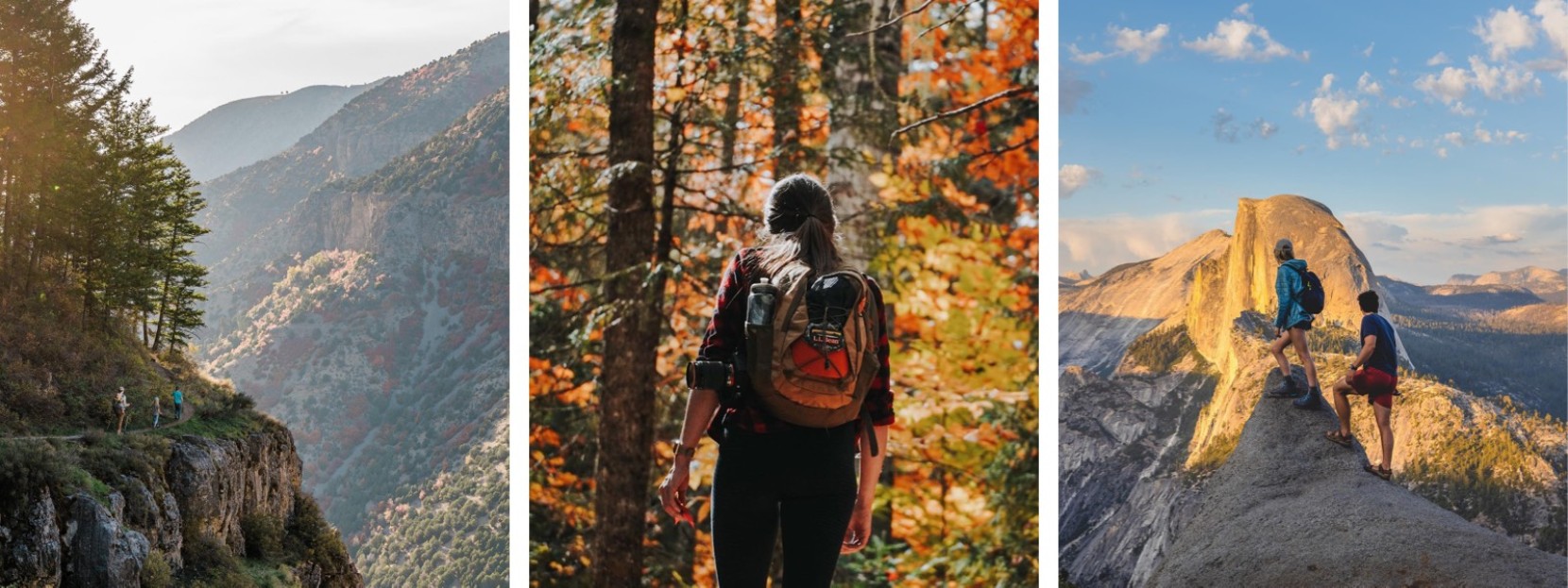 Three images of people hiking on mountain trails and in the woods