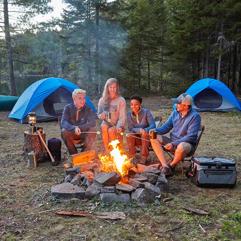 4 friends roasting marshmellows by campfire.