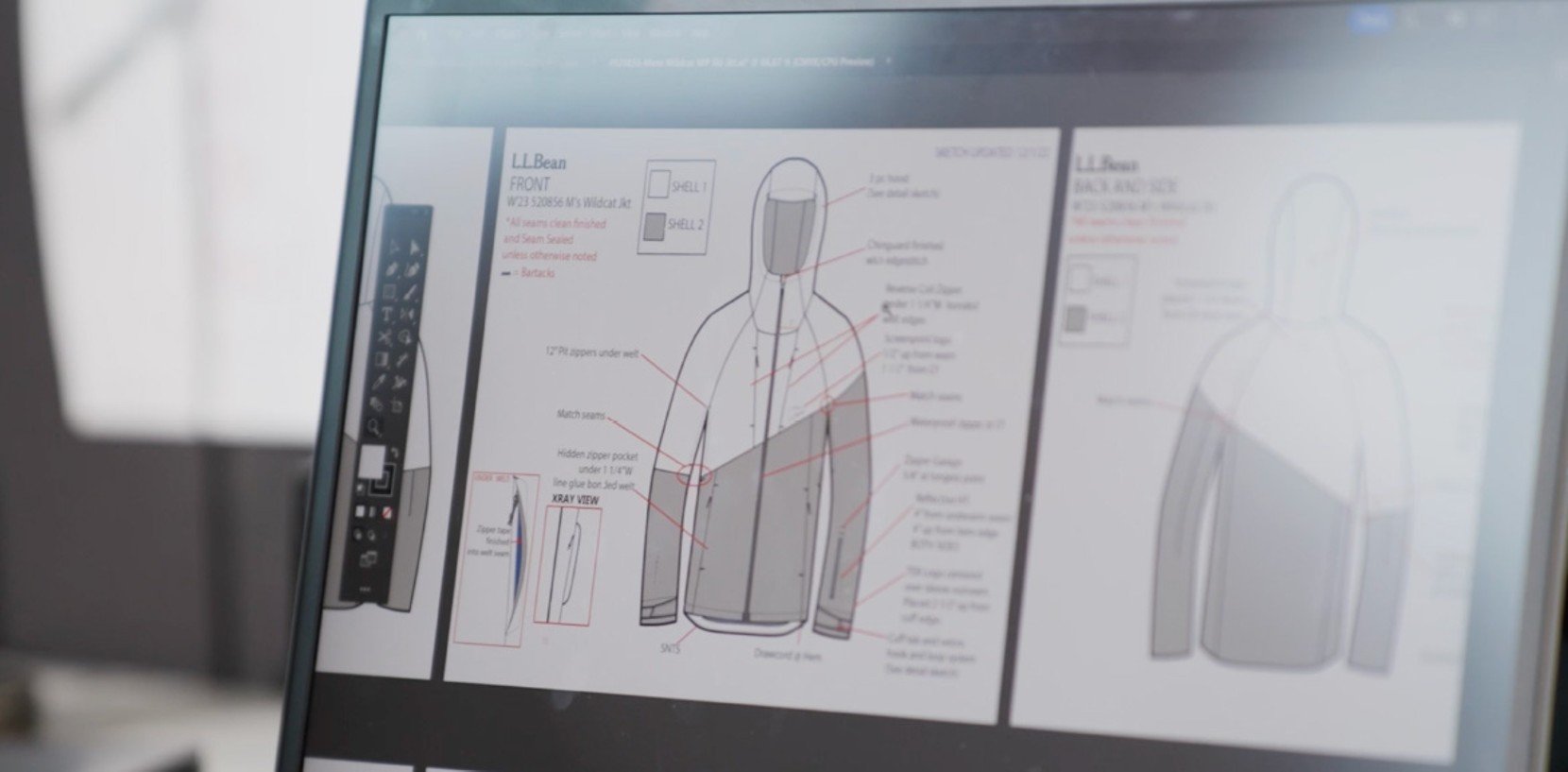 A computer monitor displaying a jacket schematic complete with technical details.