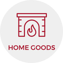 Red line illustration of a fireplace and the word "Home Goods."