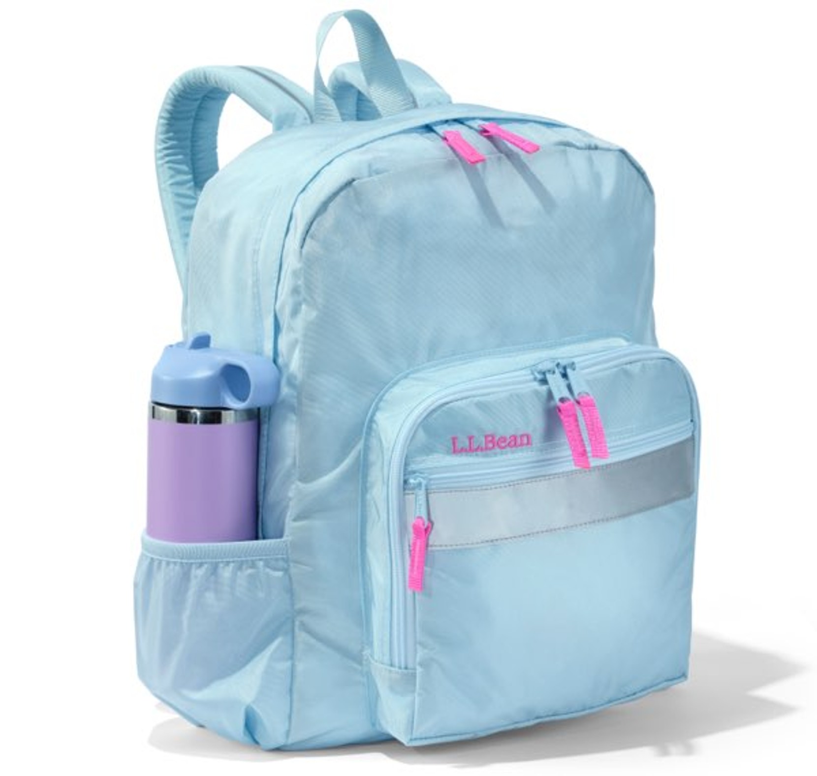 Light blue backpack with multiple zippered pockets on a white background.