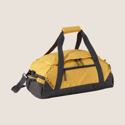 Yellow and black duffel bag with handles and shoulder strap.