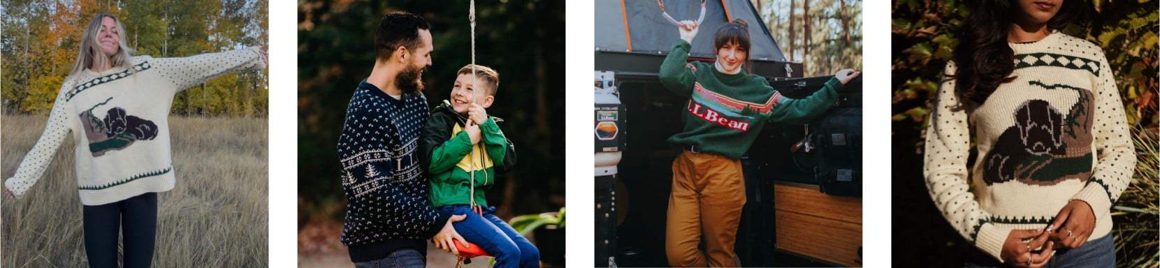 A grid of 4 images with different people wearing L.L.Bean sweaters