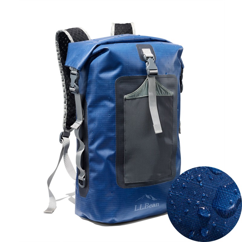 A waterproof pack with a detail view of waterproof material.