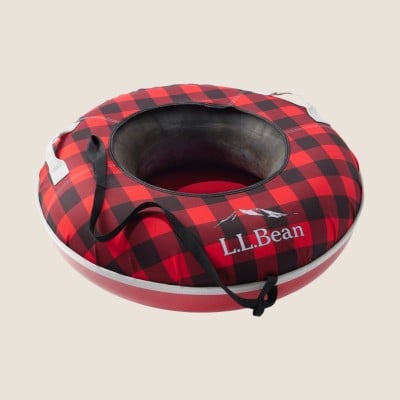 Red and black plaid snow tube with L L Bean logo, black strap, and white handles