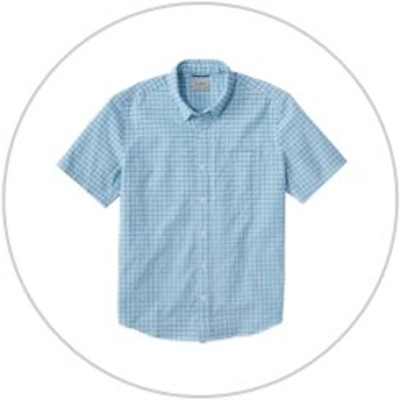 Blue short sleeve shirt inside a light gray circle.