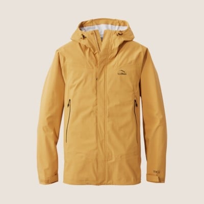 Yellow hooded jacket with front zipper and L L Bean logo.
